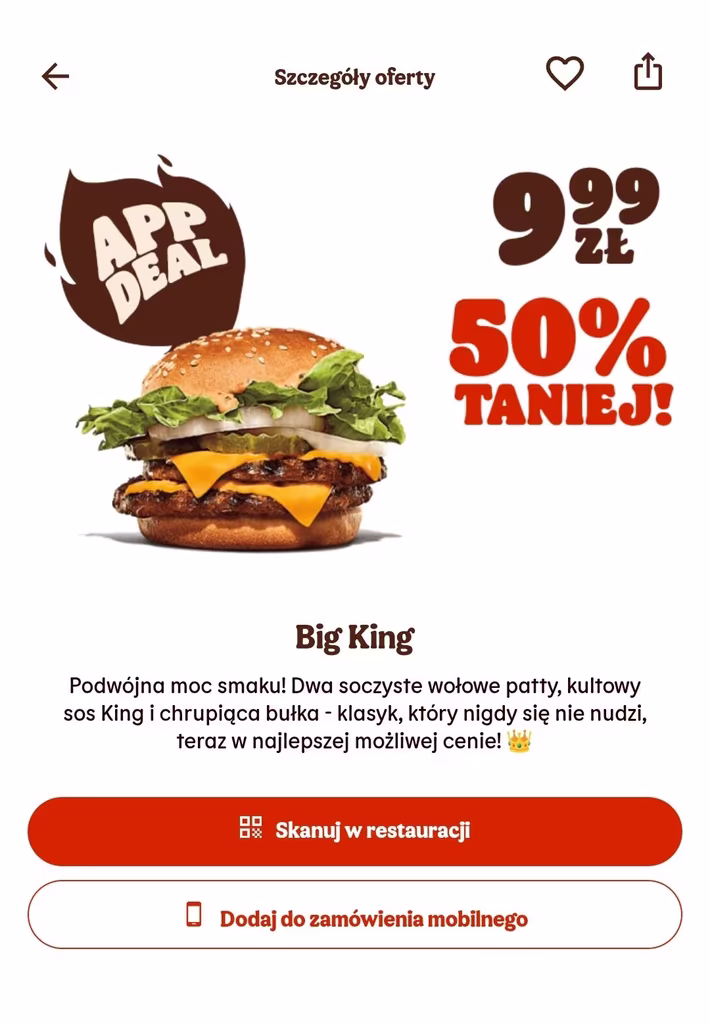 Burger King: Kanapka Big King 50% Taniej za 9,99 zł! 👑