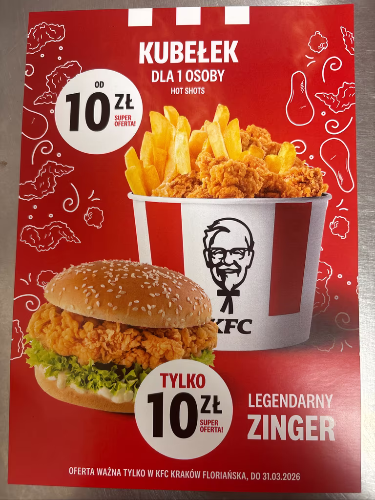 KFC Złoty Kubełek Hot Shots lub Zinger za 10 zł! Promocja do 31 marca 🍗