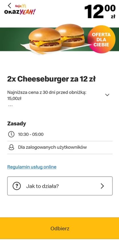 McDonalds 2x Cheeseburger za 12 zł